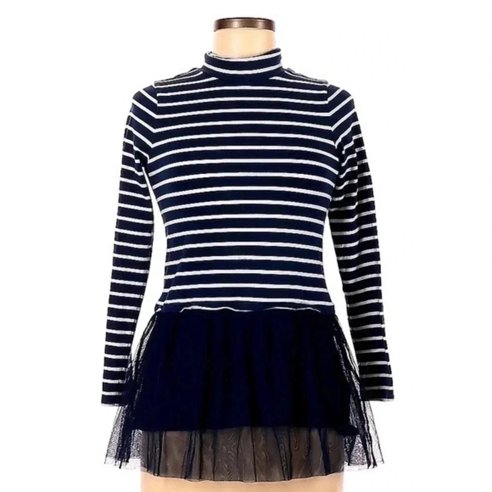 Lands’ End Y2K Navy & White Stripe Ruffle Tule Hem Long Sleeve Blouse Size M